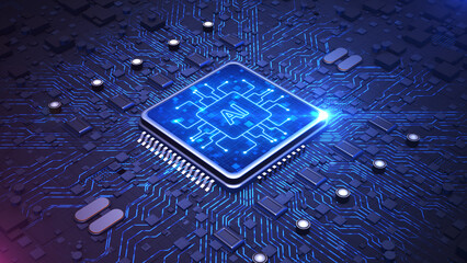 AI microchip embedded in an intricate blue circuit board, advanced artificial intelligence,...