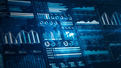 Financial dashboard with data visualizations, charts, and global analytics, illustrating business trends, market analysis, and strategy for business and economic investment background 3d Rendering