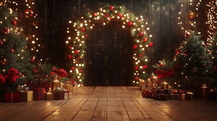 Festive 3D Podium with Christmas Wreath and Fir Branches for the Holidays  
