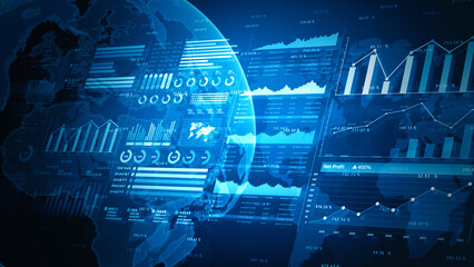 Global data visualization interface with charts, graphs, and statistics on digital blue background. Perfect for technology, analytics, or business and financial investment background 3d Rendering