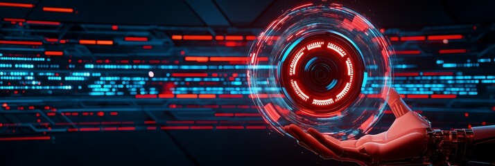 Obraz premium privacy data encryption surveillance concept. Futuristic hand holding a glowing digital orb with vibrant red and blue lights.