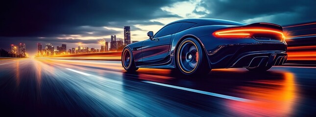 Sleek Black Sports Car Racing at Dusk on Wet Highway with City Skyline