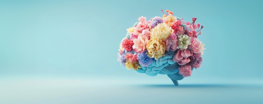 Raising cancer awareness through a floral brain art installation colorful flowers blue background creative concept. 3D illustration - Powered by Adobe