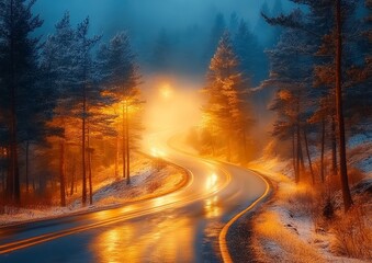 Obraz premium Serene Winding Forest Road Surrounded by Lush Greenery and Thick Fog for Nature Lovers and Scenic Landscapes