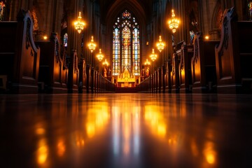 Cathedral interior with stained glass and rows of pews.
