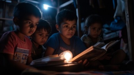 Fototapeta na wymiar Children reading books together at night using a small light.