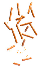 Falling Pretzel Sticks isolated on white background, full depth of field, transparent png background