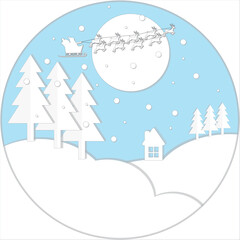 paper style of A winter scene with Santa's sleigh and reindeer flying across a full moon, snow-covered trees, a small house, and falling snowflakes.

