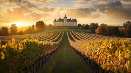Fotobehang Chateau in Bordeaux Vineyard at Sunrise Soft Light Romantic Impressionist Landscape © ali
