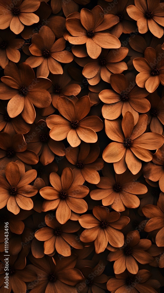 Poster a close-up view of a dense arrangement of brown flowers, creating a warm and inviting atmosphere.