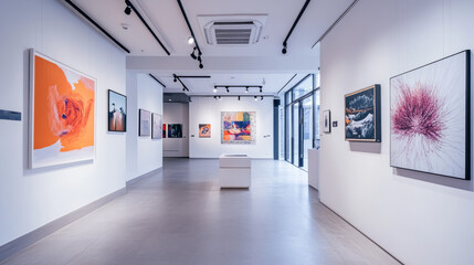 Modern Art Gallery Interior with Abstract Paintings
