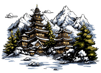 A snowy mountain range with a village in the foreground. The village is surrounded by pine trees and has a traditional Japanese style. The scene is peaceful and serene