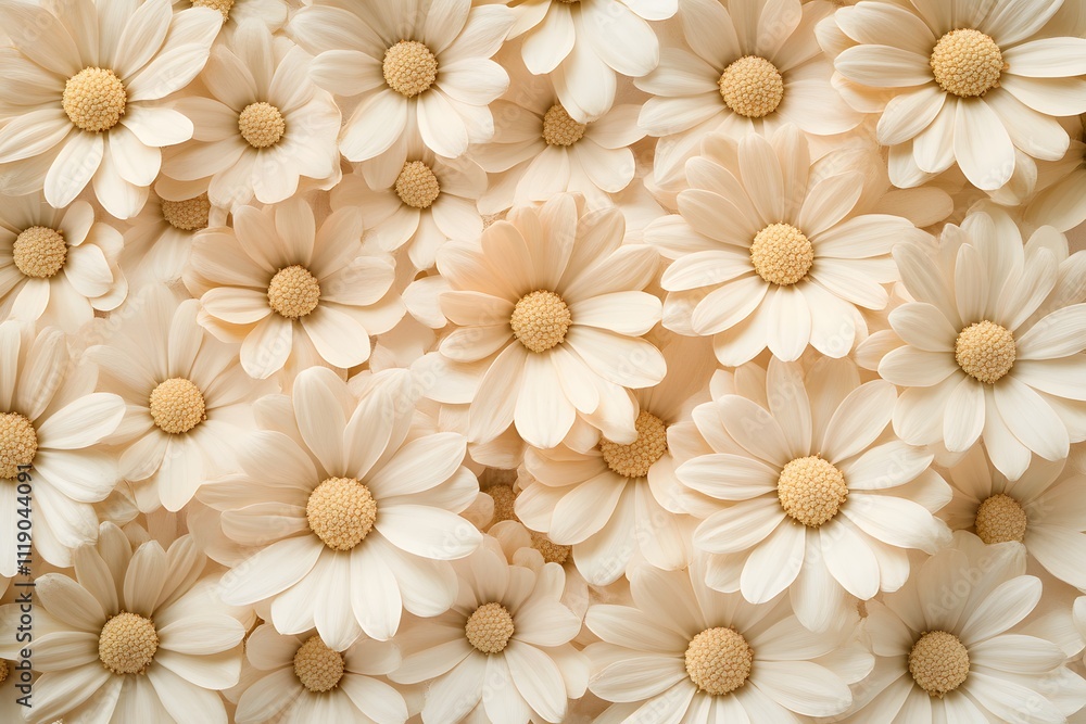 Poster a close-up view of a field of pale beige daisies, creating a soft and calming aesthetic.
