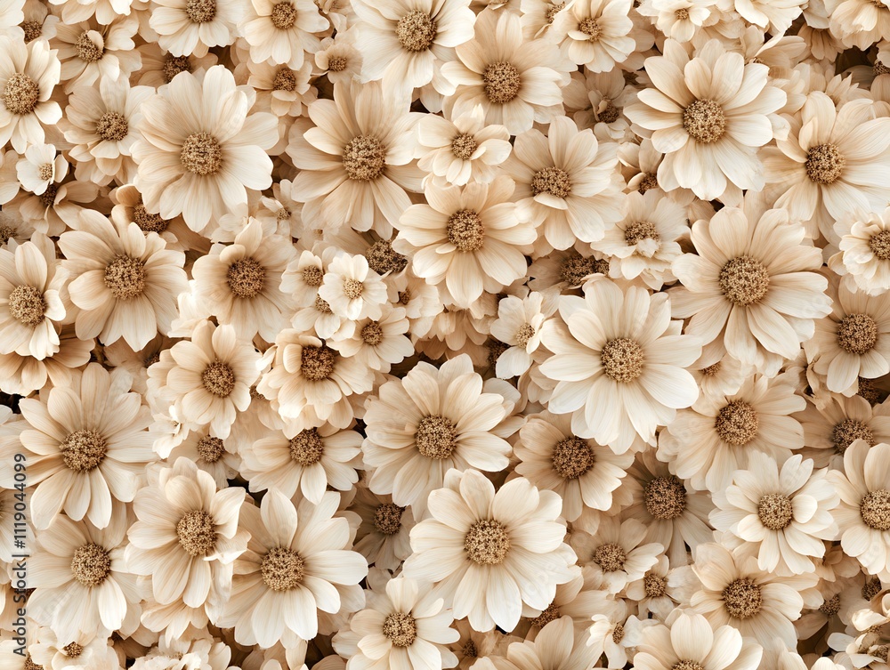 Poster a close-up view of a multitude of beige flowers, creating a soft and harmonious floral pattern.
