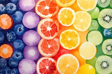 Vibrant fruit display colorful background food photography bright environment top-down view culinary art