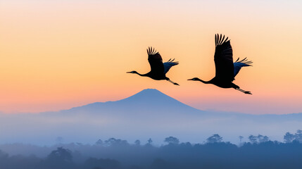 Cranes in Flight at Dawn 