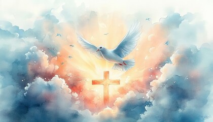 Watercolor Painting of Dove Flying Toward Glowing Cross in Clouds With Sunlight for Whit Monday Celebration