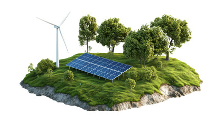 A Futuristic Green Energy Concept Featuring Solar Panels and a Wind Turbine on a Lush Green Island for Sustainable Development