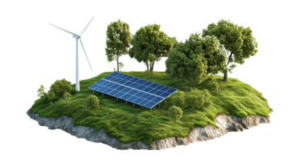 A Futuristic Green Energy Concept Featuring Solar Panels and a Wind Turbine on a Lush Green Island for Sustainable Development