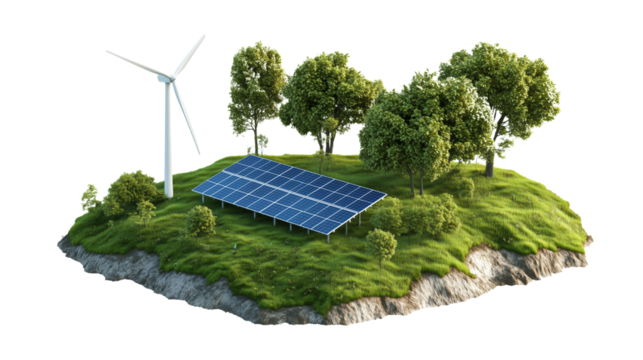 A Futuristic Green Energy Concept Featuring Solar Panels and a Wind Turbine on a Lush Green Island for Sustainable Development