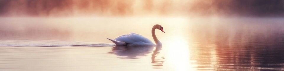 Naklejka premium Majestic Swan Gracefully Navigates Misty Sunrise Waters