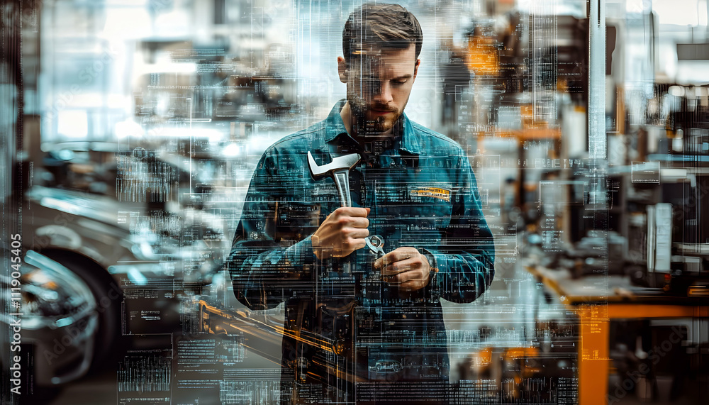 Poster a mechanic examines a tool in a workshop, surrounded by digital overlay elements.