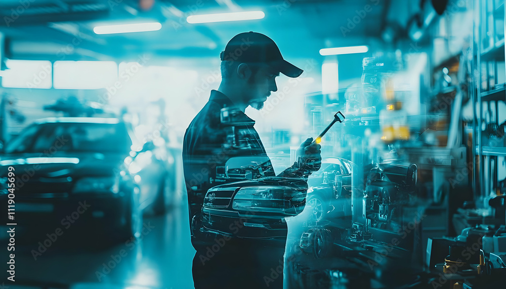Poster a mechanic works in a workshop, surrounded by tools and vehicles, emphasizing craftsmanship.