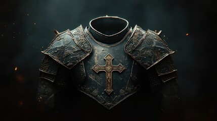 Medieval Armor Chest Piece with Engravings and Cross Symbol Against Dark Background