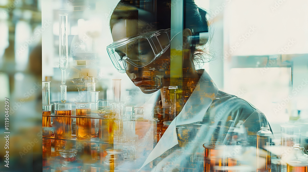 Poster a scientist in a lab, focused on experiments with glassware and liquids.