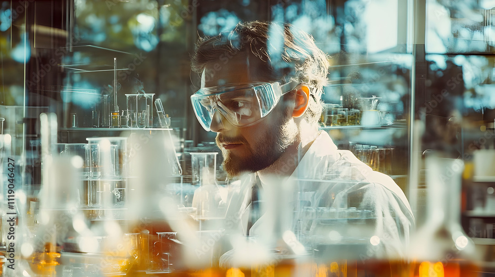 Poster a scientist in a lab conducting experiments with glassware and liquids.