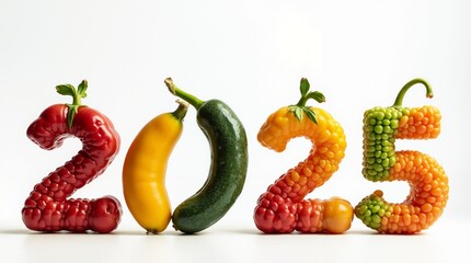 numbers 2025 stacked from different vegetables and fruits at white background