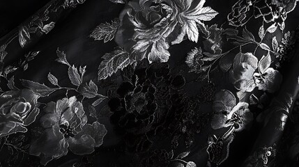 Black Fabric With Silver Floral Embroidered Design