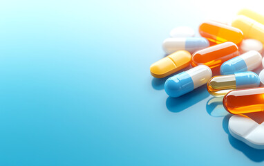 A blue background with a bunch of pills on it. The pills are in different colors and sizes