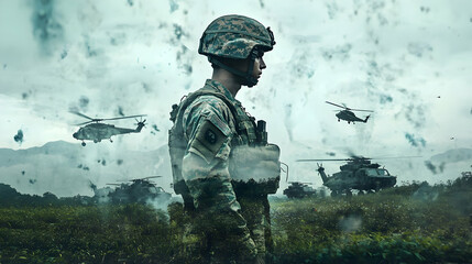 Fototapeta premium A soldier stands amidst helicopters in a dramatic, smoky landscape, symbolizing military presence.
