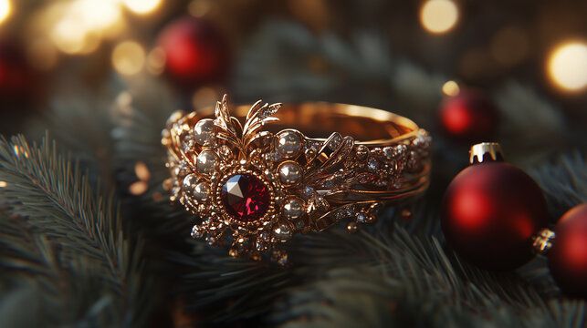 Closeup of a luxurious gold ring adorned with a ruby, pearls, and diamonds, nestled on a Christmas tree branch with red ornaments and soft bokeh lights.