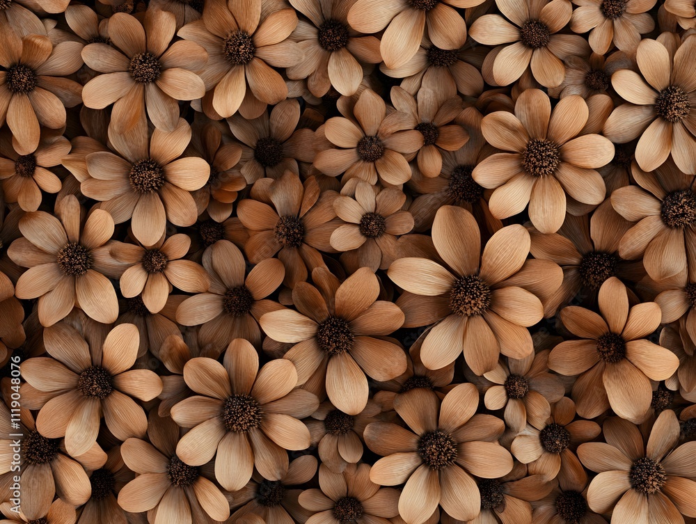 Poster a close-up view of numerous beige flowers, creating a textured and harmonious floral pattern.