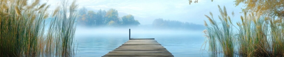 Obraz premium Serene Wooden Dock Extending Into Misty Lake