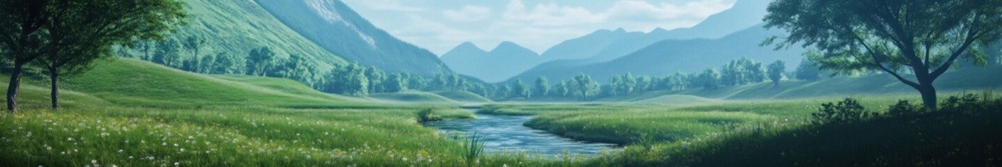 Serene Valley Meadow Landscape With River And Mountains