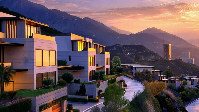 A luxurious estate is nestled on a hillside with modern architecture. The vibrant sunset casts warm colors over the landscape, creating a serene and picturesque atmosphere in the background.