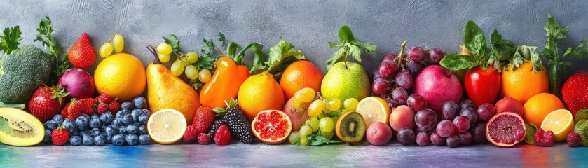 Shelves with fruits and vegetables arranged in rainbow colors, a stock photo of fresh produce on display at the grocery store, a stock photograph, 