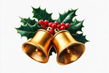 Golden Christmas Bells with Holly Leaves and Red Berries on a White Background 3D Rendering