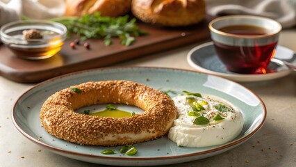 Cozy Serving of Simit with Cream Cheese and Herbal Garnish