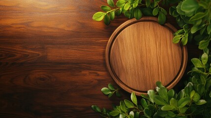 Wooden serving board surrounded by fresh greenery kitchen photography natural light close-up culinary art