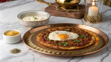 Luxurious lamb and egg lahmacun on a polished serving plate