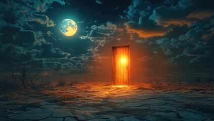 Mystical glowing door in a desolate landscape under a full moon, symbolizing hope, new beginnings, and the unknown.
