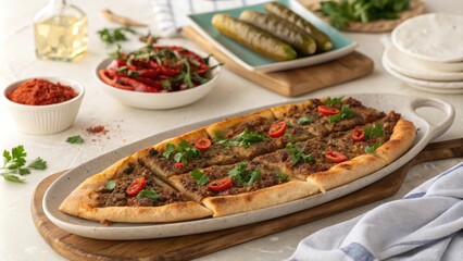 Luxurious meat pide served on a ceramic plate with garnishes