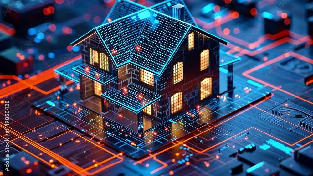 Aufkleber A digital representation of a modern house illuminated on a circuit board, blending technology and real estate. This creative design highlights the integration of AI in estate planning.