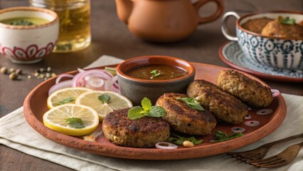 Rustic presentation of shami kebabs with garnishes and condiments