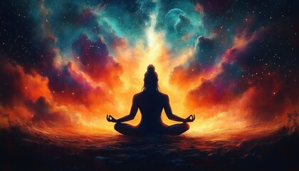 Meditating Lord Shiva in Cosmic Night with Vibrant Colors and Surreal Art