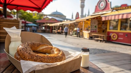 Street food simit served in disposable packaging with drink
